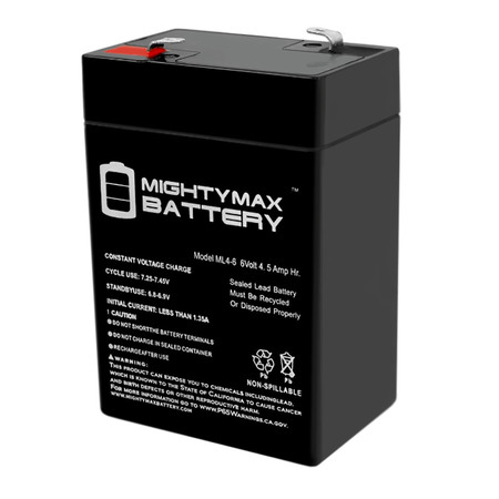 MIGHTY MAX BATTERY 6V 4.5AH Battery Replaces DG6-5, CFM6V4.6, ELB-06042, GP645, LCR6V4P ML4-691813